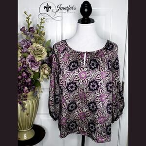 Gap Women Purple Medallion Print Keyhole Blouse Size Large